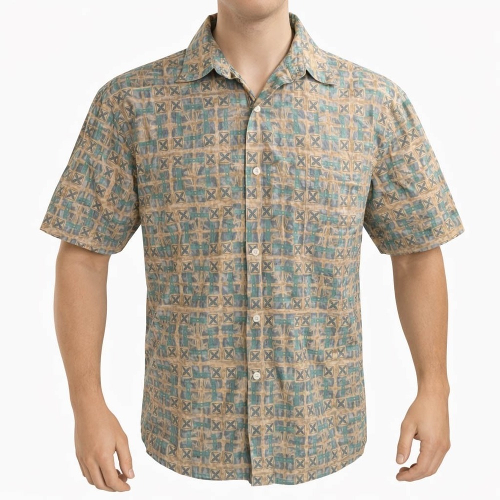 Burma Bibas Hawaiian Aloha Shirt Medium Floral Tribal Geometric Brown‎ Green